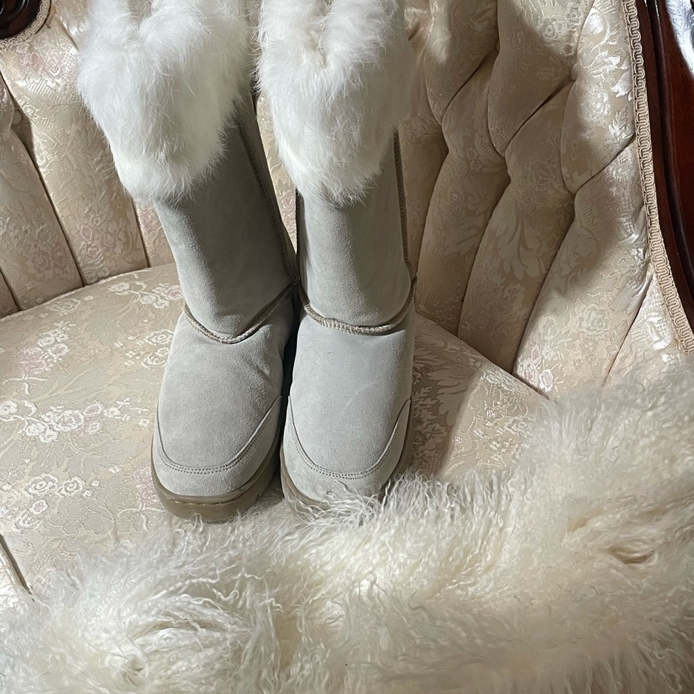 New suede shearling lined rabbit fur trimmed boots
